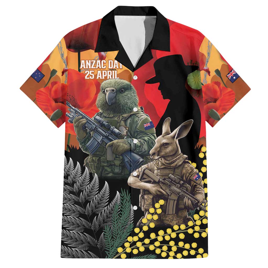 New Zealand and Australia ANZAC Day Hawaiian Shirt Sliver Fern Kakapo With Golden Wattle Kangaroo LT14 Gold - Polynesian Pride