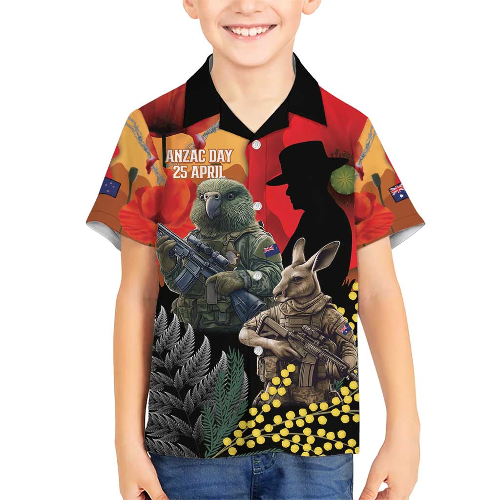 New Zealand and Australia ANZAC Day Kid Hawaiian Shirt Sliver Fern Kakapo With Golden Wattle Kangaroo LT14 Kid Gold - Polynesian Pride