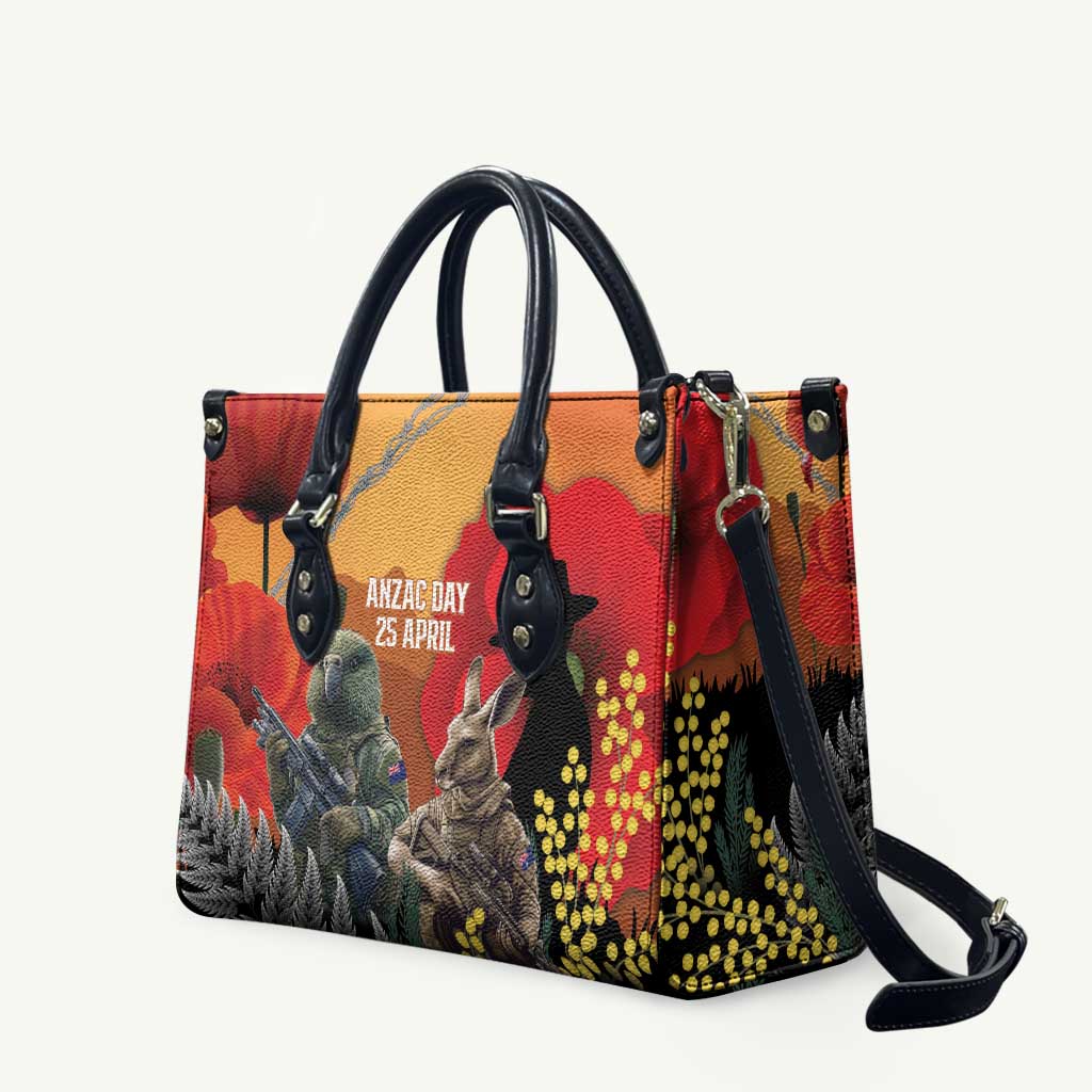 New Zealand and Australia ANZAC Day Leather Bag Sliver Fern Kakapo With Golden Wattle Kangaroo LT14 Gold - Polynesian Pride