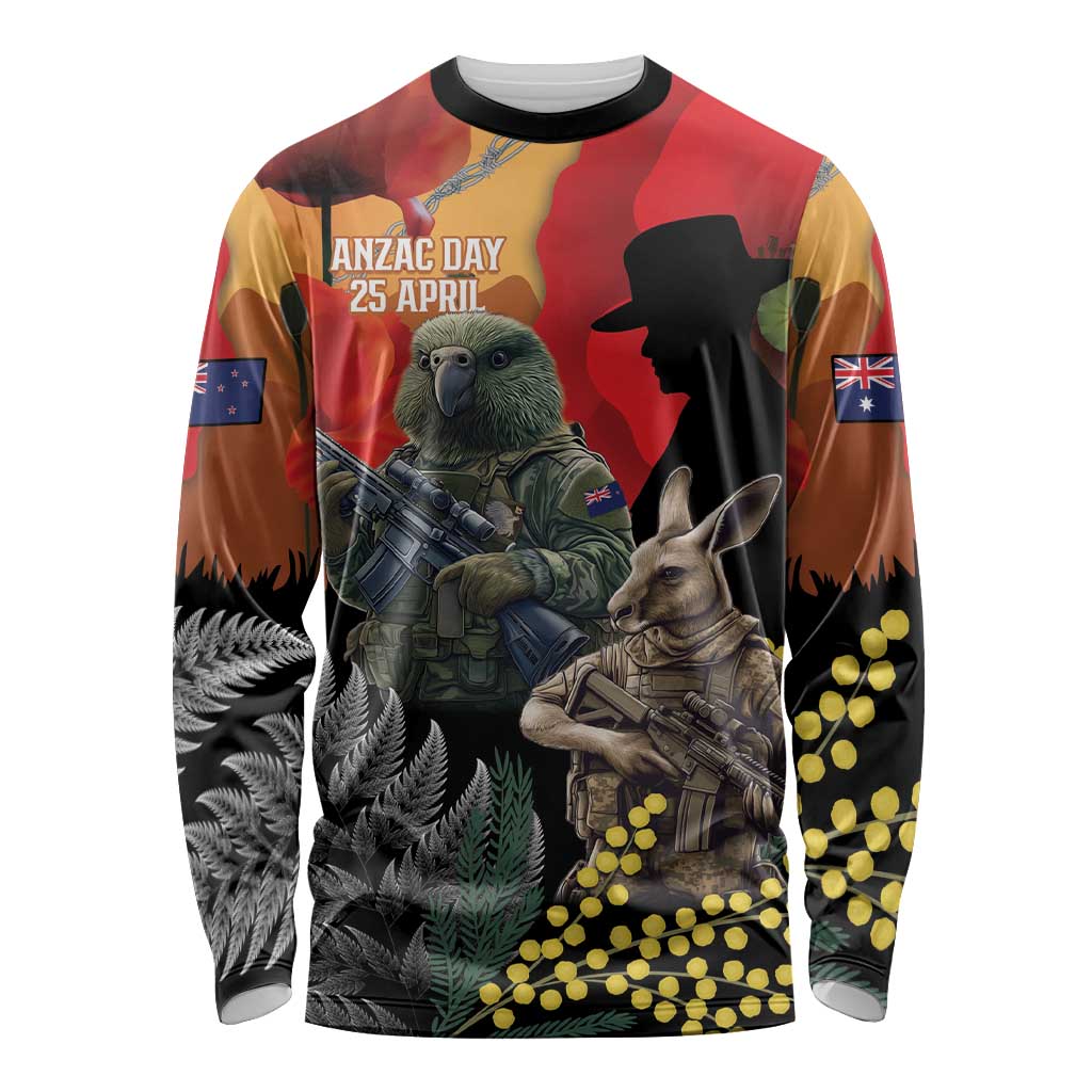New Zealand and Australia ANZAC Day Long Sleeve Shirt Sliver Fern Kakapo With Golden Wattle Kangaroo LT14 Unisex Gold - Polynesian Pride