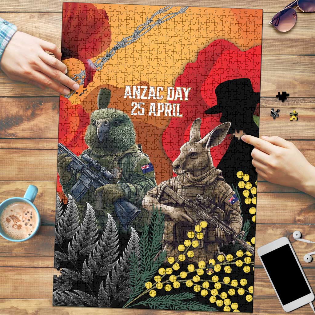 New Zealand and Australia ANZAC Day Puzzle Sliver Fern Kakapo With Golden Wattle Kangaroo LT14 Gold - Polynesian Pride