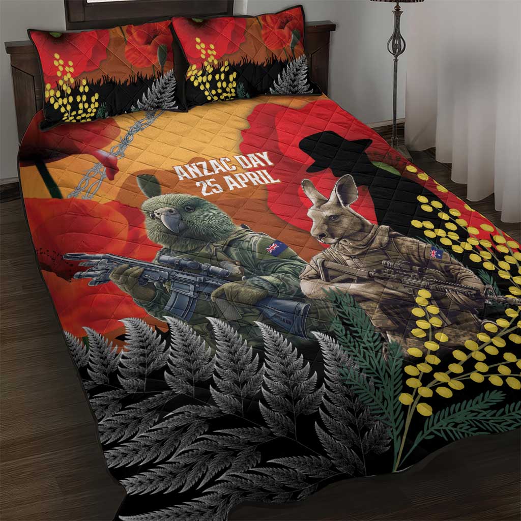 New Zealand and Australia ANZAC Day Quilt Bed Set Sliver Fern Kakapo With Golden Wattle Kangaroo LT14 Gold - Polynesian Pride