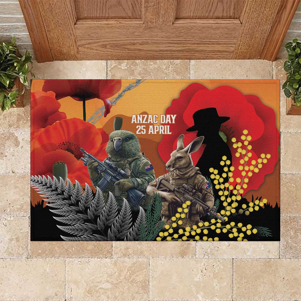 New Zealand and Australia ANZAC Day Rubber Doormat Sliver Fern Kakapo With Golden Wattle Kangaroo LT14 Gold - Polynesian Pride
