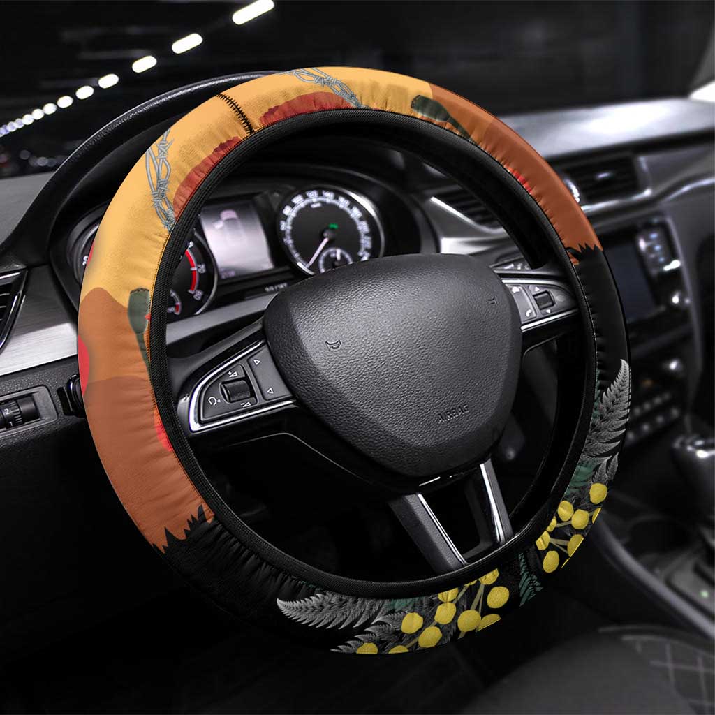 New Zealand and Australia ANZAC Day Steering Wheel Cover Sliver Fern Kakapo With Golden Wattle Kangaroo