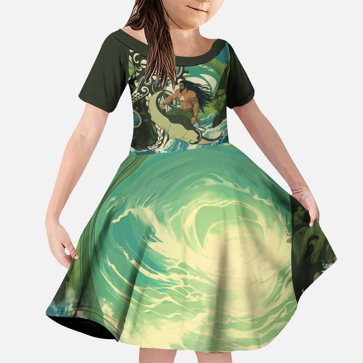 Aotearoa Tangaroa Atua Kid Short Sleeve Dress New Zealand God Of The Ocean LT14 KID Cyan - Polynesian Pride