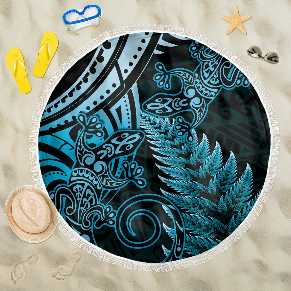 New Zealand Lizard Beach Blanket Silver Fern Aotearoa Maori Blue Version LT14 One Size 150cm Blue - Polynesian Pride