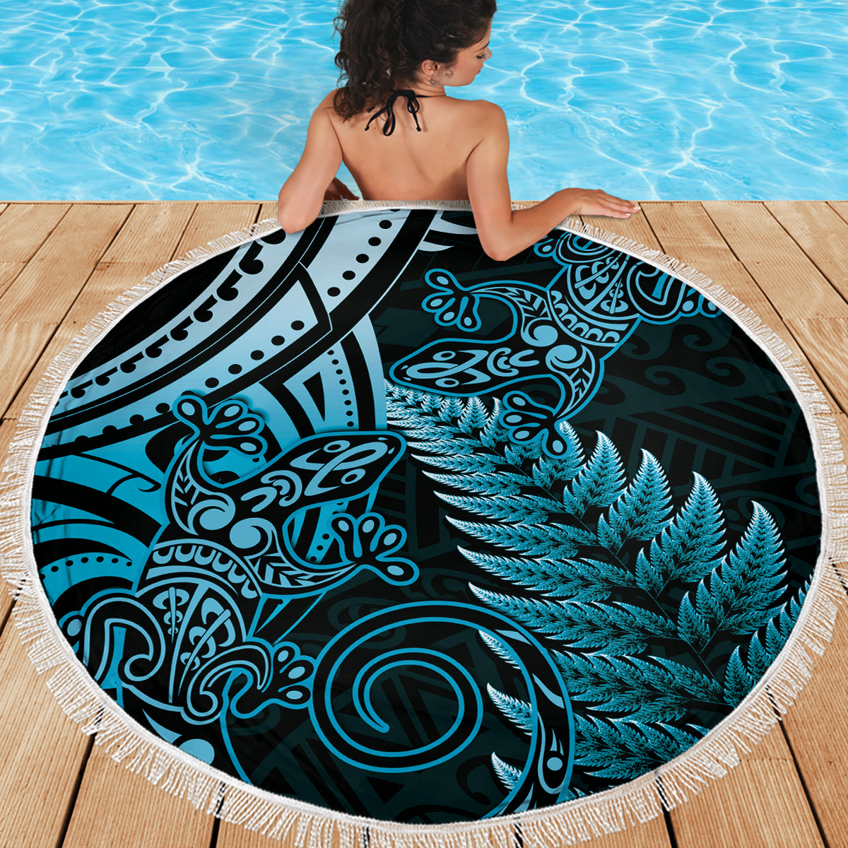 New Zealand Lizard Beach Blanket Silver Fern Aotearoa Maori Blue Version LT14 - Polynesian Pride
