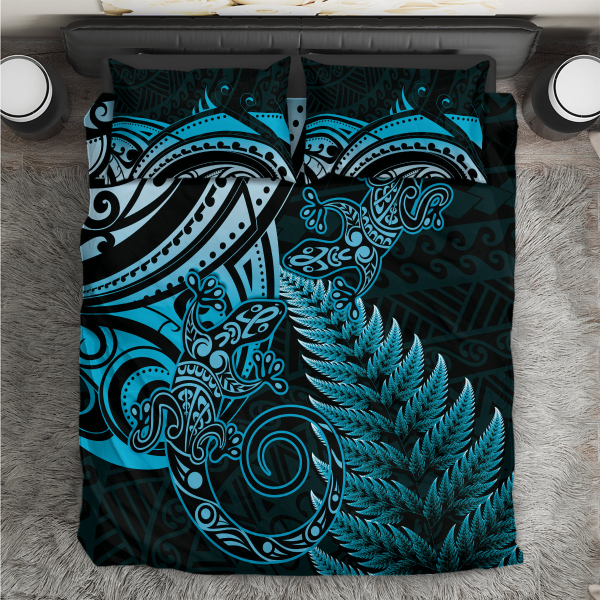 New Zealand Lizard Bedding Set Silver Fern Aotearoa Maori Blue Version LT14 Blue - Polynesian Pride