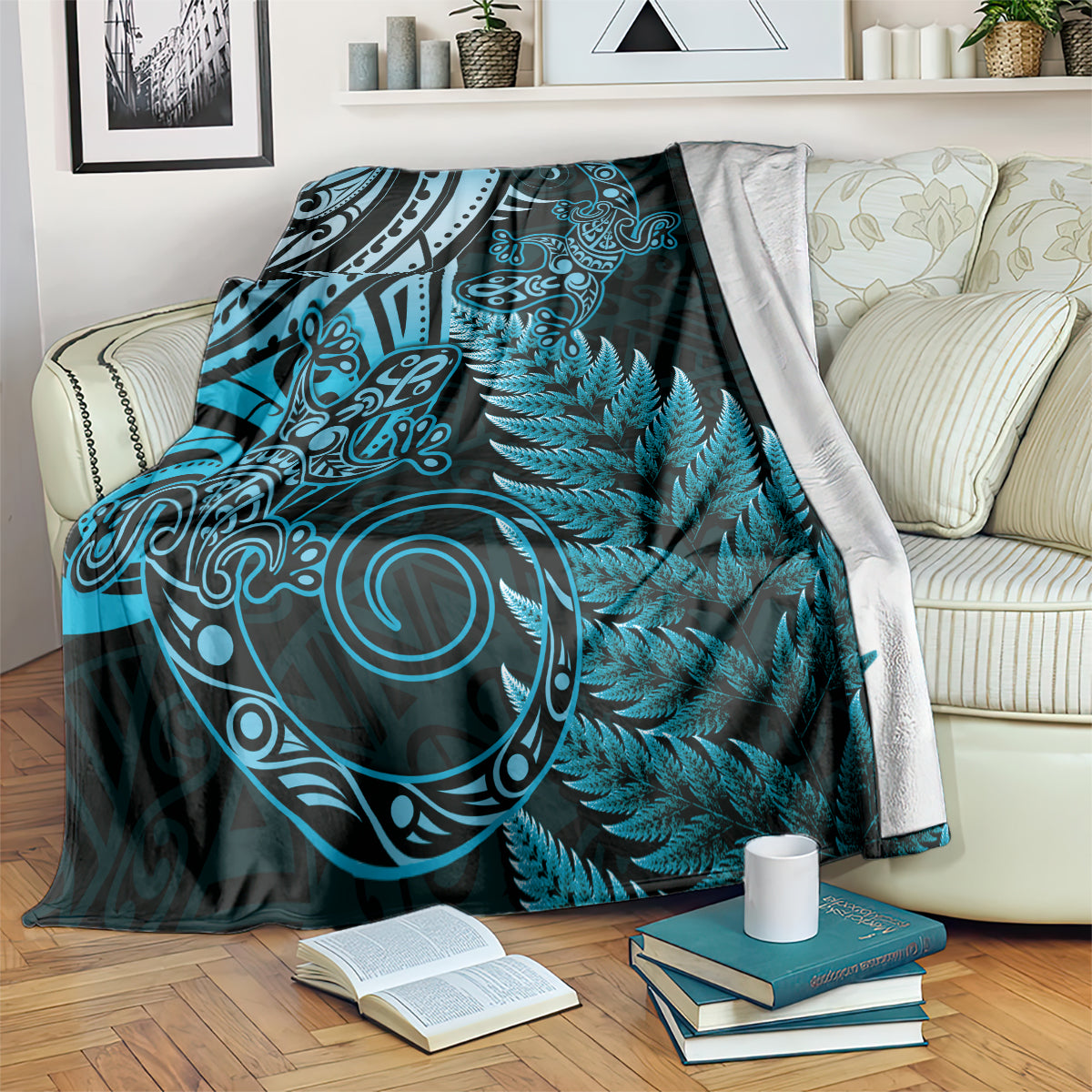 New Zealand Lizard Blanket Silver Fern Aotearoa Maori Blue Version LT14 Blue - Polynesian Pride