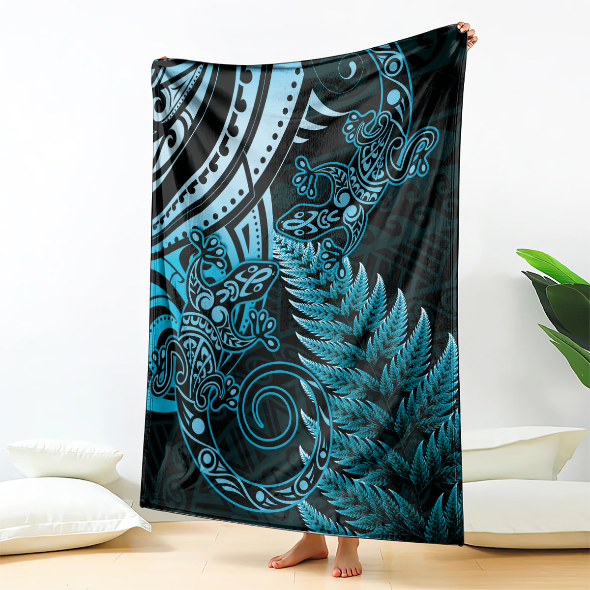 New Zealand Lizard Blanket Silver Fern Aotearoa Maori Blue Version LT14 - Polynesian Pride