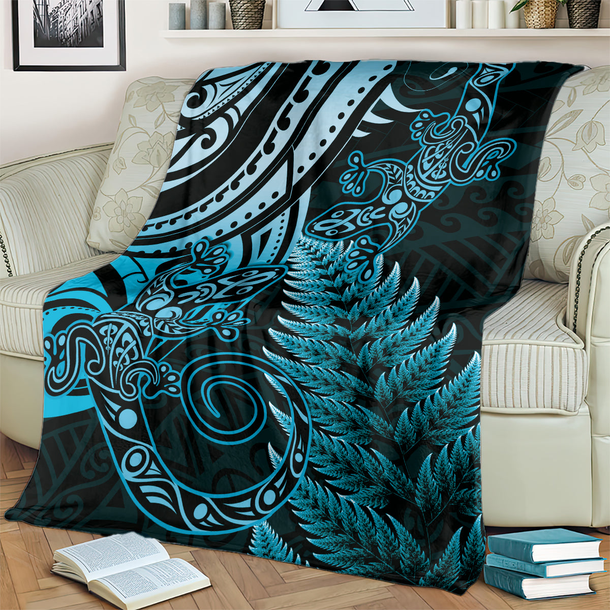 New Zealand Lizard Blanket Silver Fern Aotearoa Maori Blue Version LT14 - Polynesian Pride