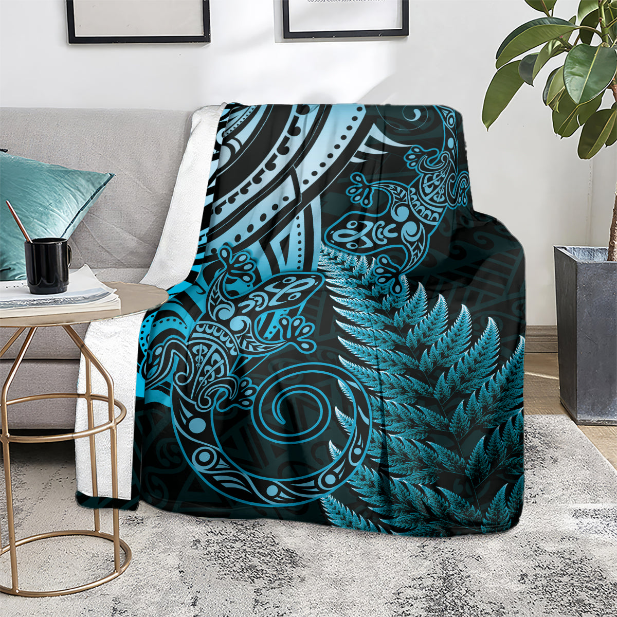 New Zealand Lizard Blanket Silver Fern Aotearoa Maori Blue Version LT14 - Polynesian Pride