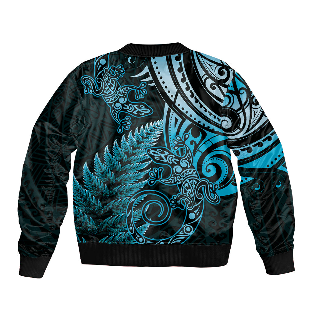 New Zealand Lizard Bomber Jacket Silver Fern Aotearoa Maori Blue Version LT14 - Polynesian Pride