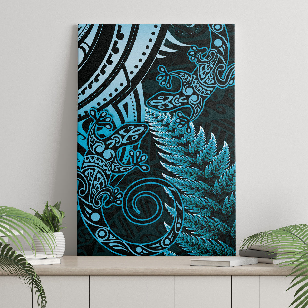 New Zealand Lizard Canvas Wall Art Silver Fern Aotearoa Maori Blue Version LT14 - Polynesian Pride