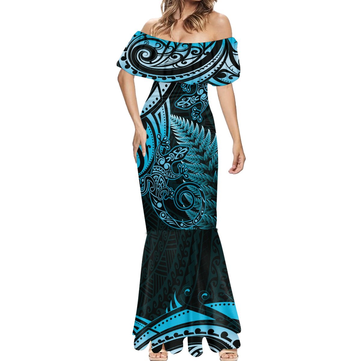 New Zealand Lizard Mermaid Dress Silver Fern Aotearoa Maori Blue Version LT14 - Polynesian Pride