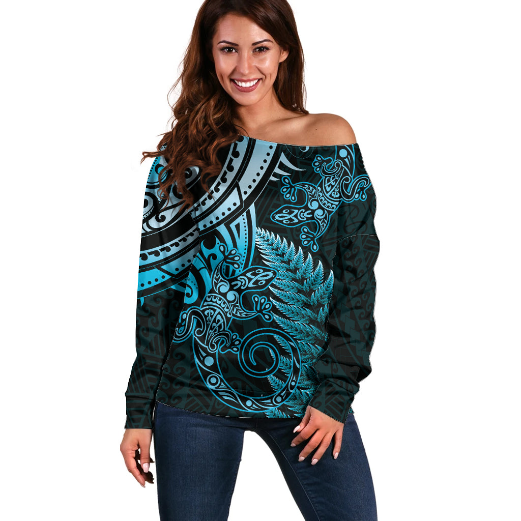 New Zealand Lizard Off Shoulder Sweater Silver Fern Aotearoa Maori Blue Version LT14 Women Blue - Polynesian Pride