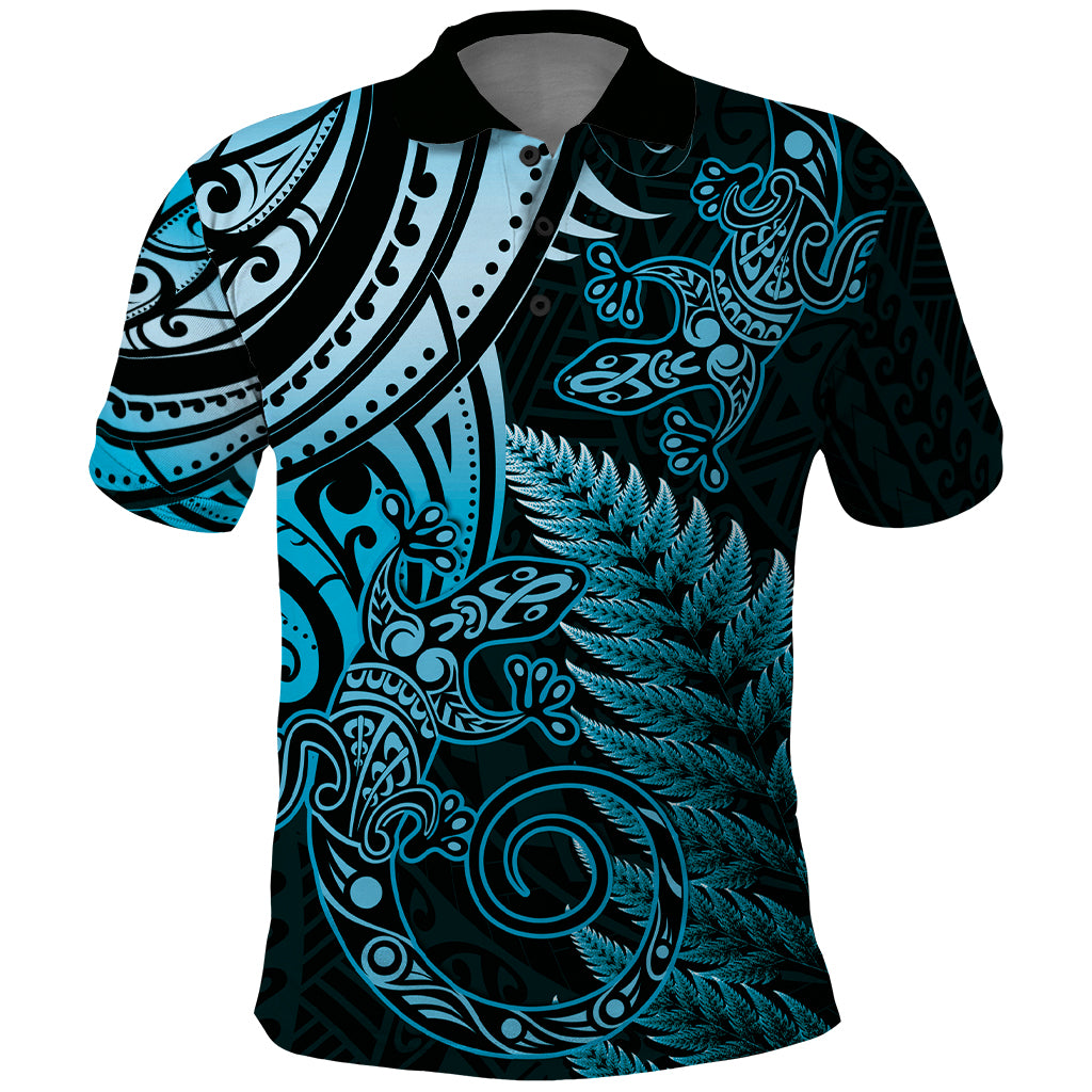 New Zealand Lizard Polo Shirt Silver Fern Aotearoa Maori Blue Version