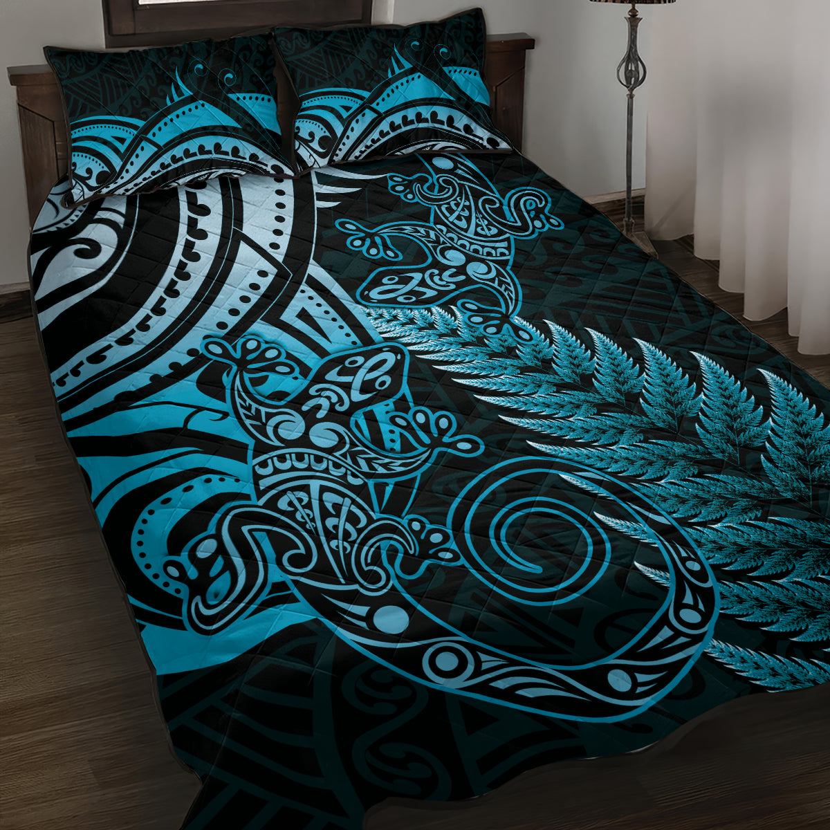 New Zealand Lizard Quilt Bed Set Silver Fern Aotearoa Maori Blue Version