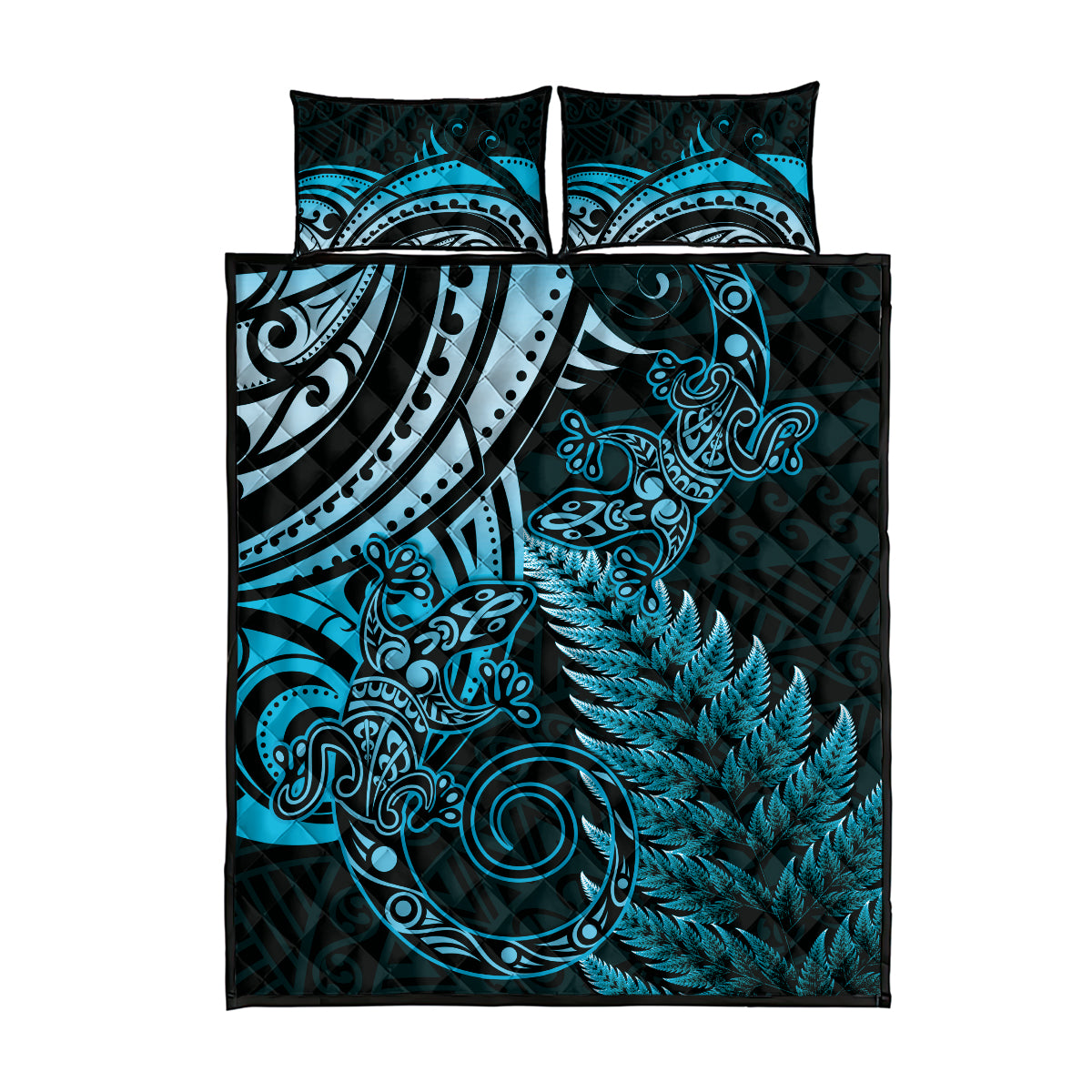 New Zealand Lizard Quilt Bed Set Silver Fern Aotearoa Maori Blue Version LT14 - Polynesian Pride
