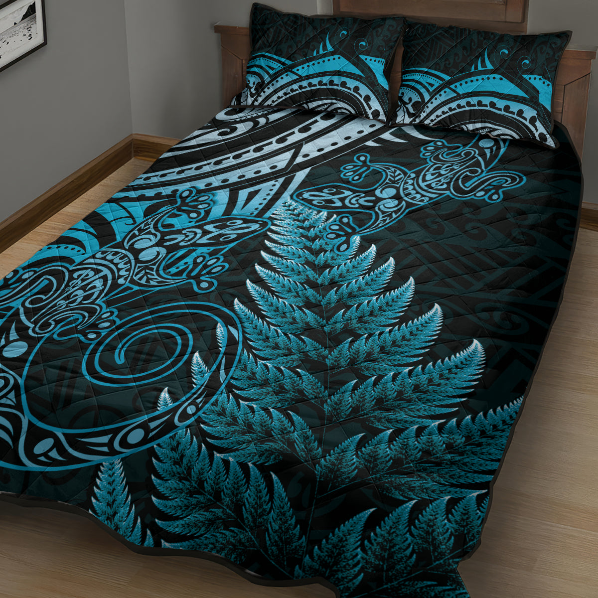 New Zealand Lizard Quilt Bed Set Silver Fern Aotearoa Maori Blue Version LT14 - Polynesian Pride
