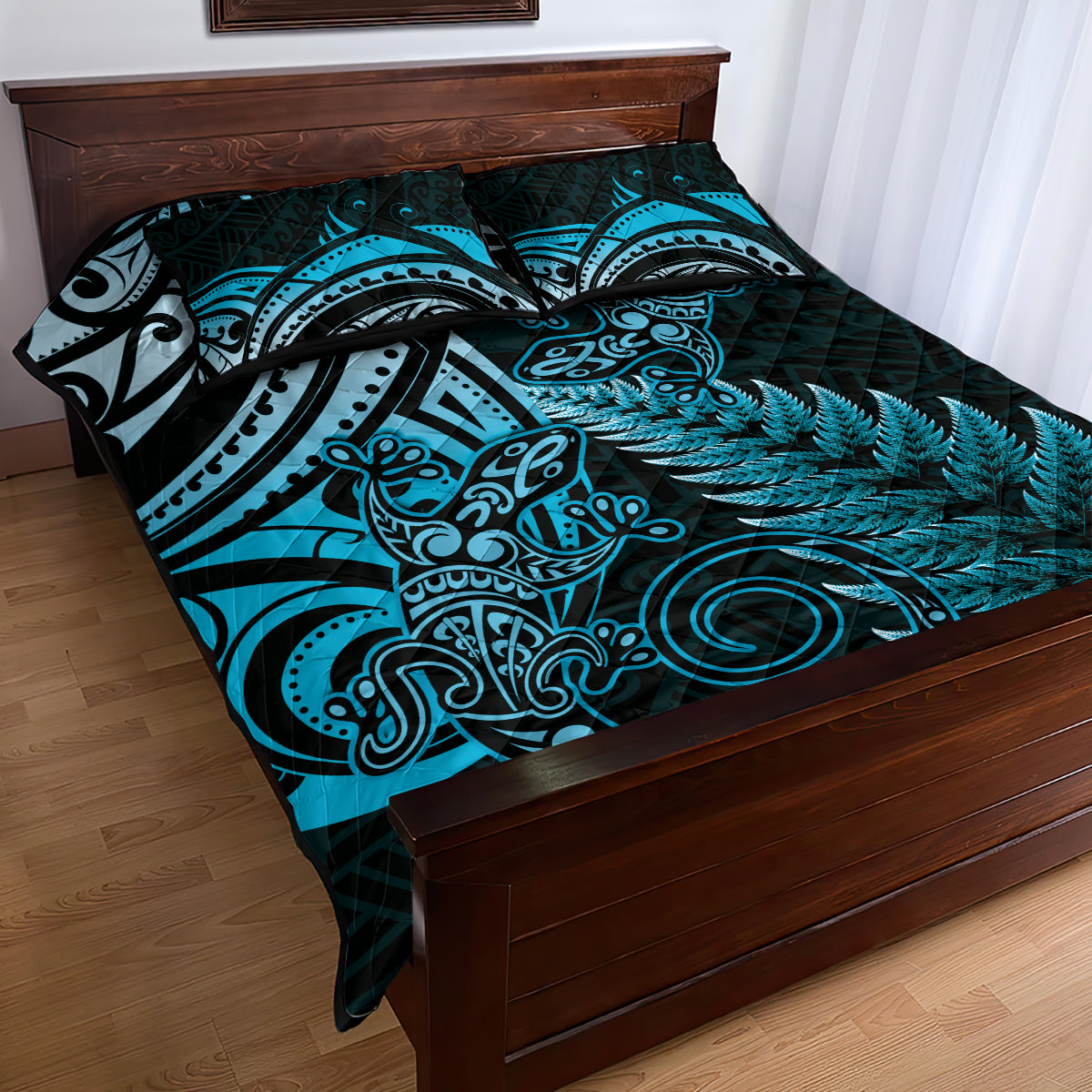 New Zealand Lizard Quilt Bed Set Silver Fern Aotearoa Maori Blue Version LT14 - Polynesian Pride