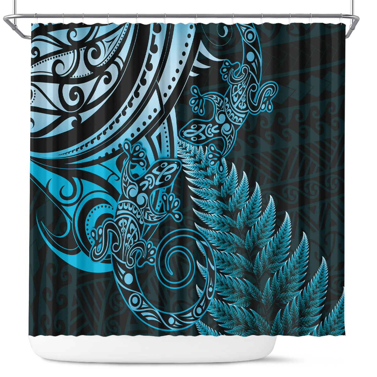 New Zealand Lizard Shower Curtain Silver Fern Aotearoa Maori Blue Version