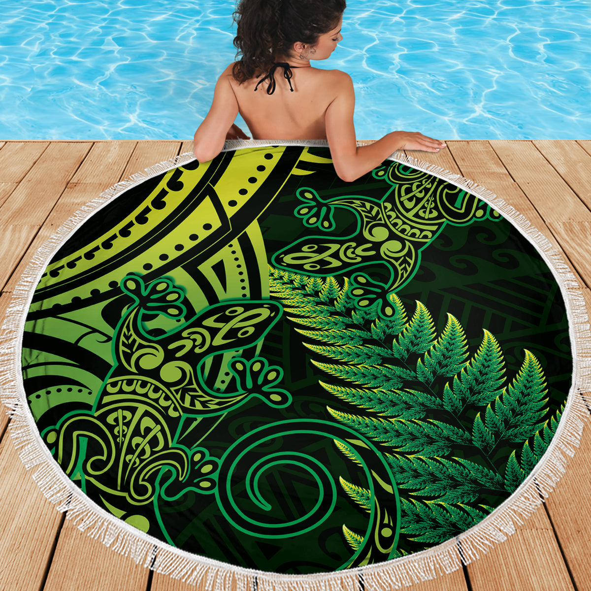 New Zealand Lizard Beach Blanket Silver Fern Aotearoa Maori Green Version LT14 - Polynesian Pride