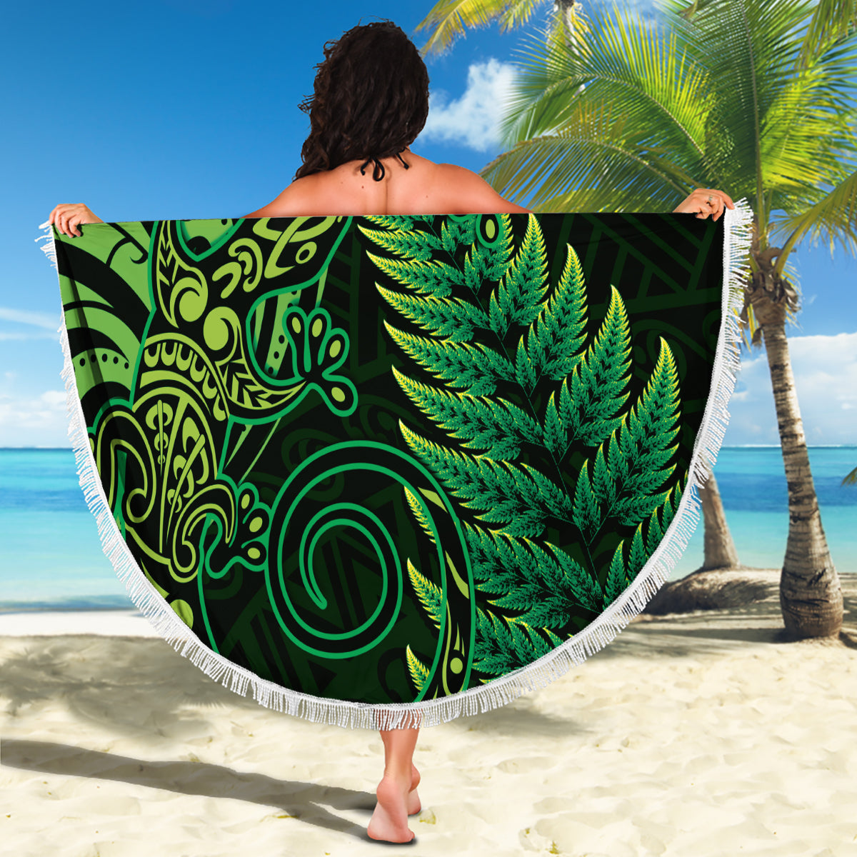 New Zealand Lizard Beach Blanket Silver Fern Aotearoa Maori Green Version LT14 - Polynesian Pride