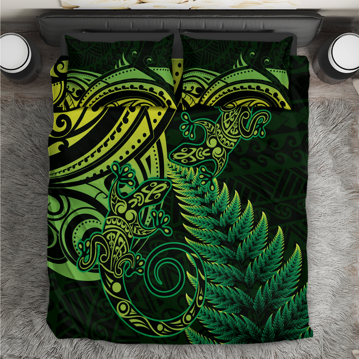 New Zealand Lizard Bedding Set Silver Fern Aotearoa Maori Green Version LT14 Green - Polynesian Pride
