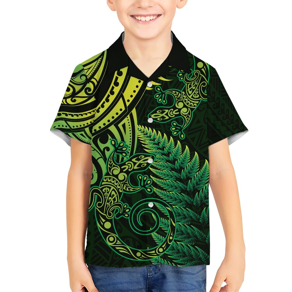 New Zealand Lizard Hawaiian Shirt Silver Fern Aotearoa Maori Green Version LT14 - Polynesian Pride
