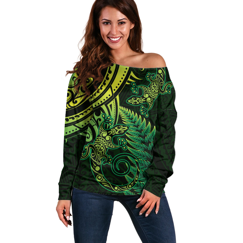 New Zealand Lizard Off Shoulder Sweater Silver Fern Aotearoa Maori Green Version LT14 Women Green - Polynesian Pride