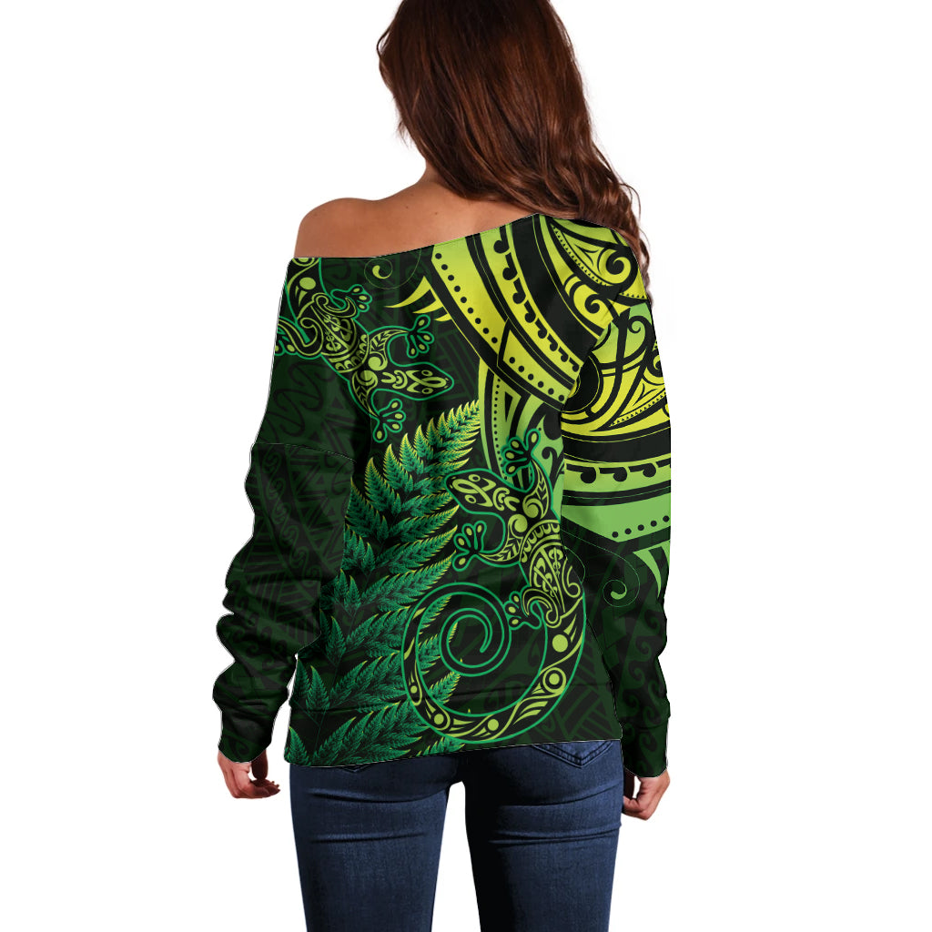 New Zealand Lizard Off Shoulder Sweater Silver Fern Aotearoa Maori Green Version LT14 - Polynesian Pride