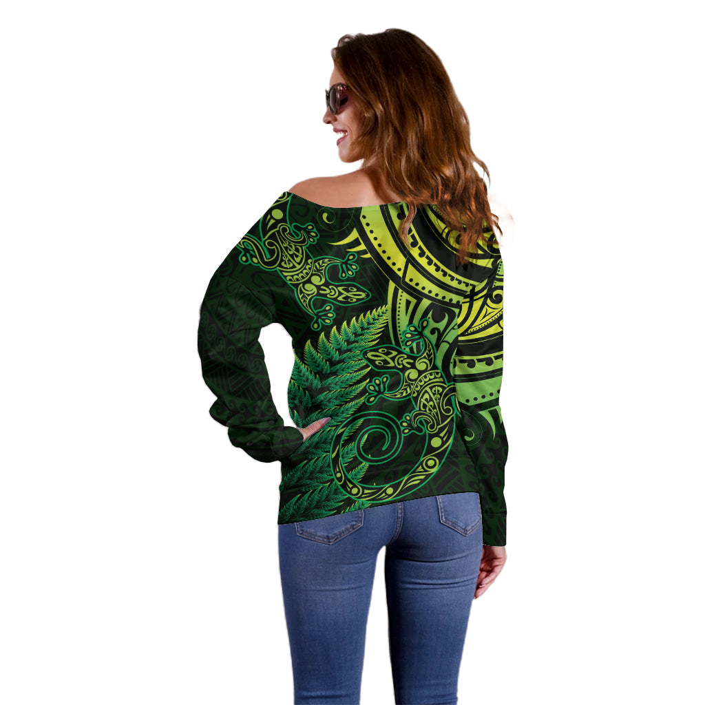 New Zealand Lizard Off Shoulder Sweater Silver Fern Aotearoa Maori Green Version LT14 - Polynesian Pride