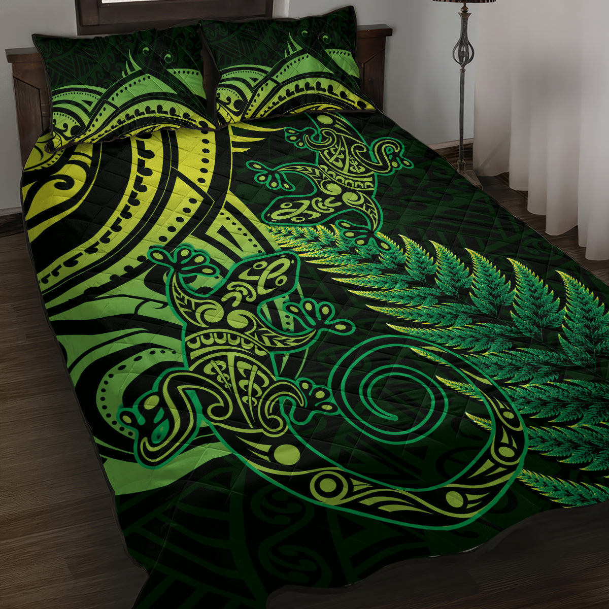 New Zealand Lizard Quilt Bed Set Silver Fern Aotearoa Maori Green Version