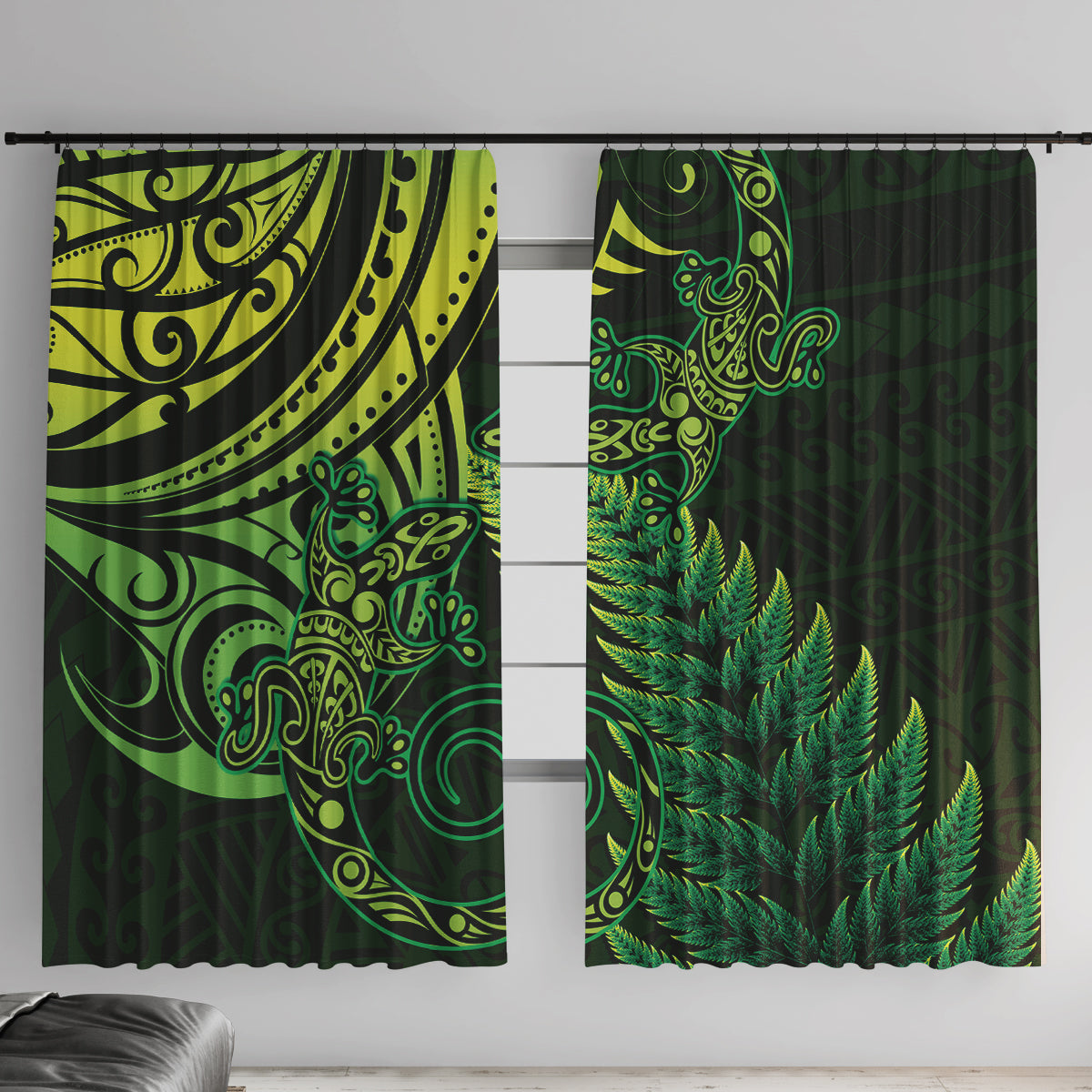 New Zealand Lizard Window Curtain Silver Fern Aotearoa Maori Green Version LT14 With Hooks Green - Polynesian Pride