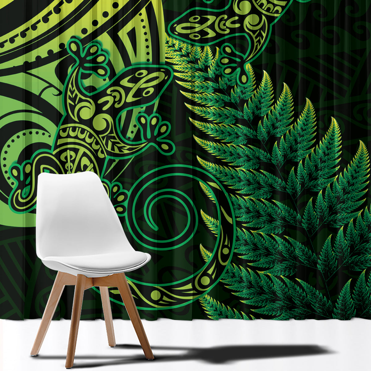New Zealand Lizard Window Curtain Silver Fern Aotearoa Maori Green Version LT14 - Polynesian Pride