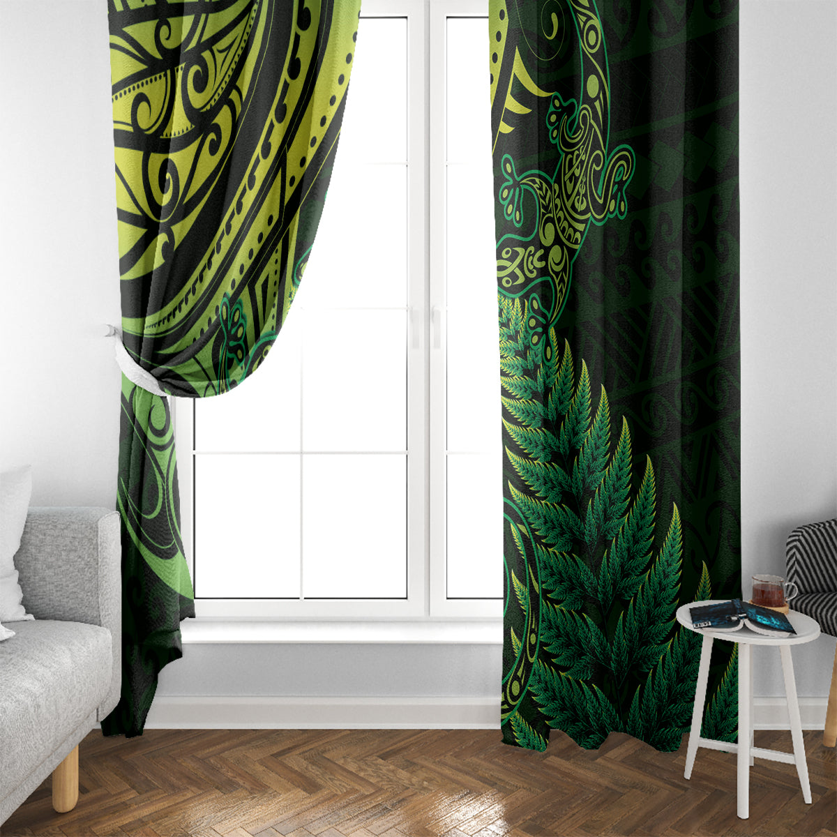 New Zealand Lizard Window Curtain Silver Fern Aotearoa Maori Green Version LT14 - Polynesian Pride