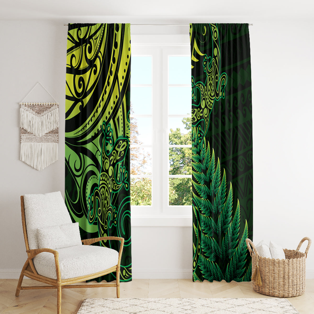 New Zealand Lizard Window Curtain Silver Fern Aotearoa Maori Green Version LT14 - Polynesian Pride