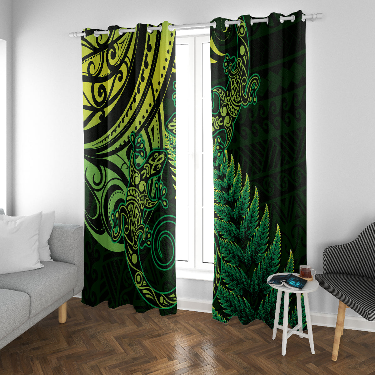 New Zealand Lizard Window Curtain Silver Fern Aotearoa Maori Green Version LT14 With Grommets Green - Polynesian Pride