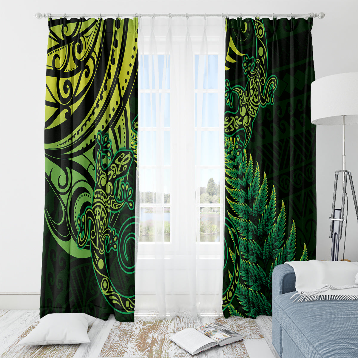 New Zealand Lizard Window Curtain Silver Fern Aotearoa Maori Green Version LT14 - Polynesian Pride