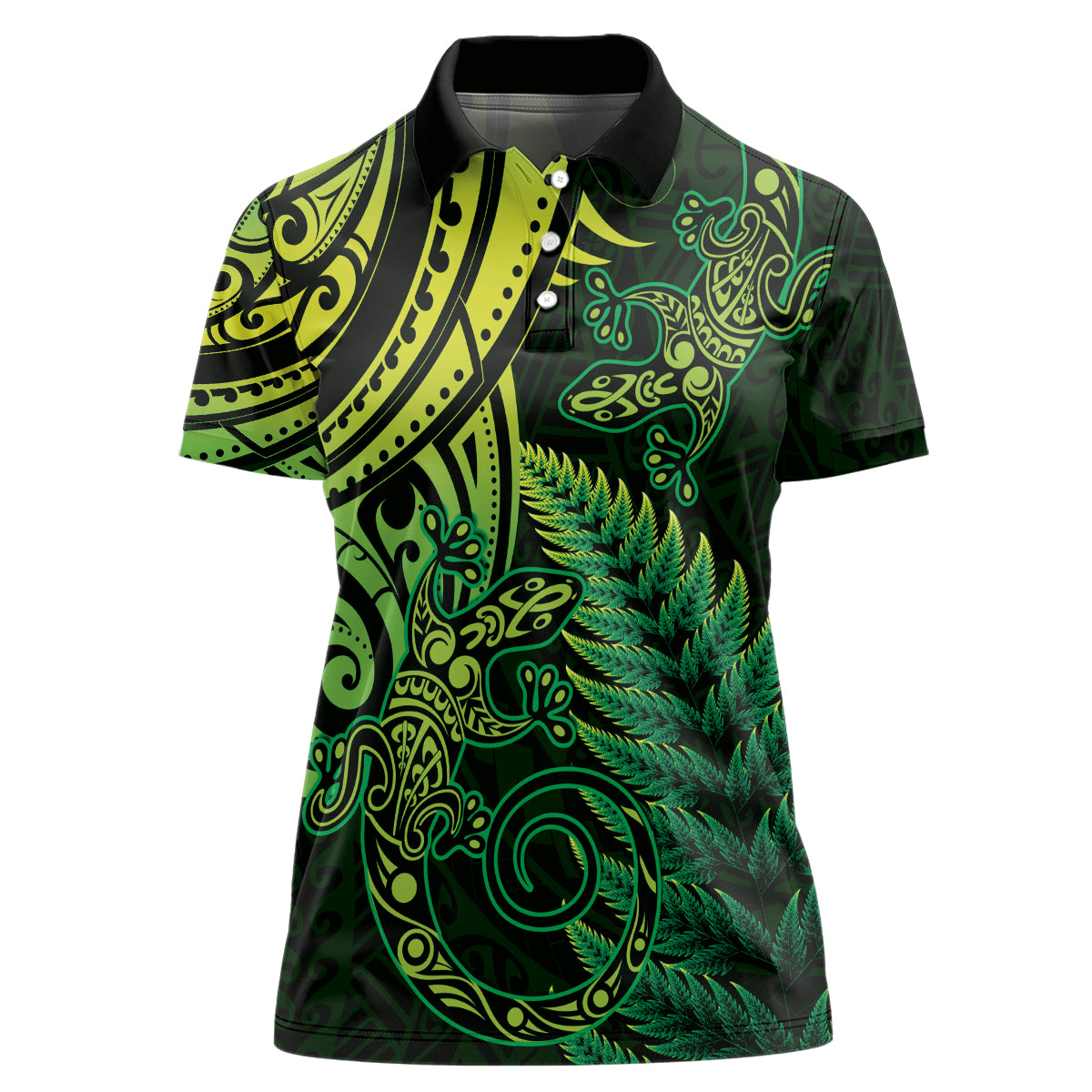 New Zealand Lizard Women Polo Shirt Silver Fern Aotearoa Maori Green Version LT14 Female Green - Polynesian Pride