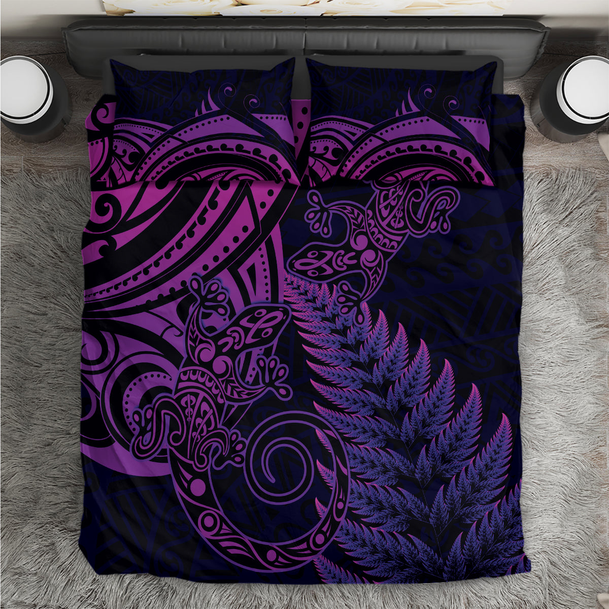 New Zealand Lizard Bedding Set Silver Fern Aotearoa Maori Purple Version LT14 Purple - Polynesian Pride