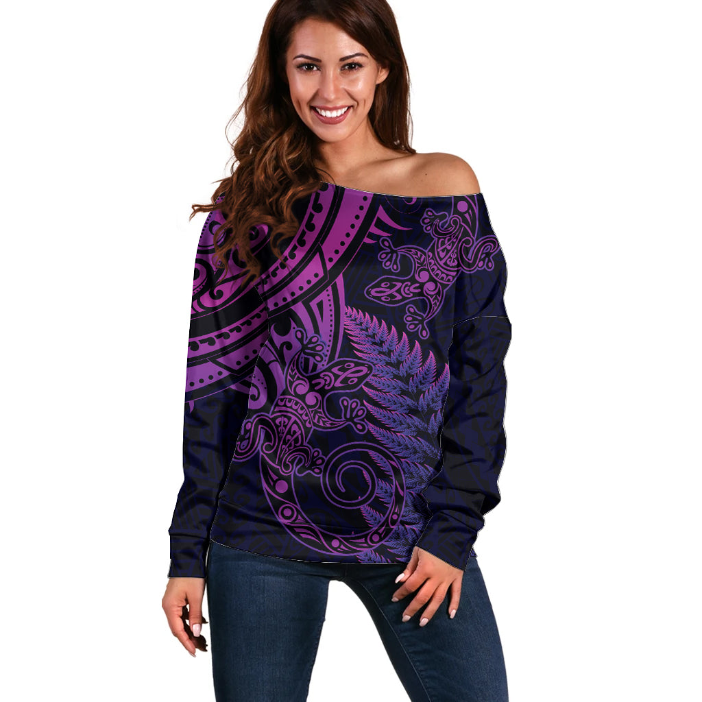 New Zealand Lizard Off Shoulder Sweater Silver Fern Aotearoa Maori Purple Version LT14 Women Purple - Polynesian Pride