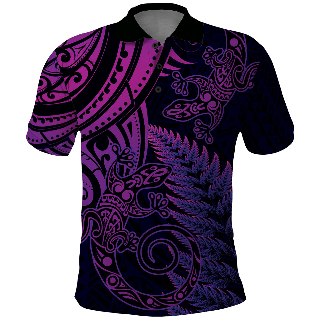 New Zealand Lizard Polo Shirt Silver Fern Aotearoa Maori Purple Version