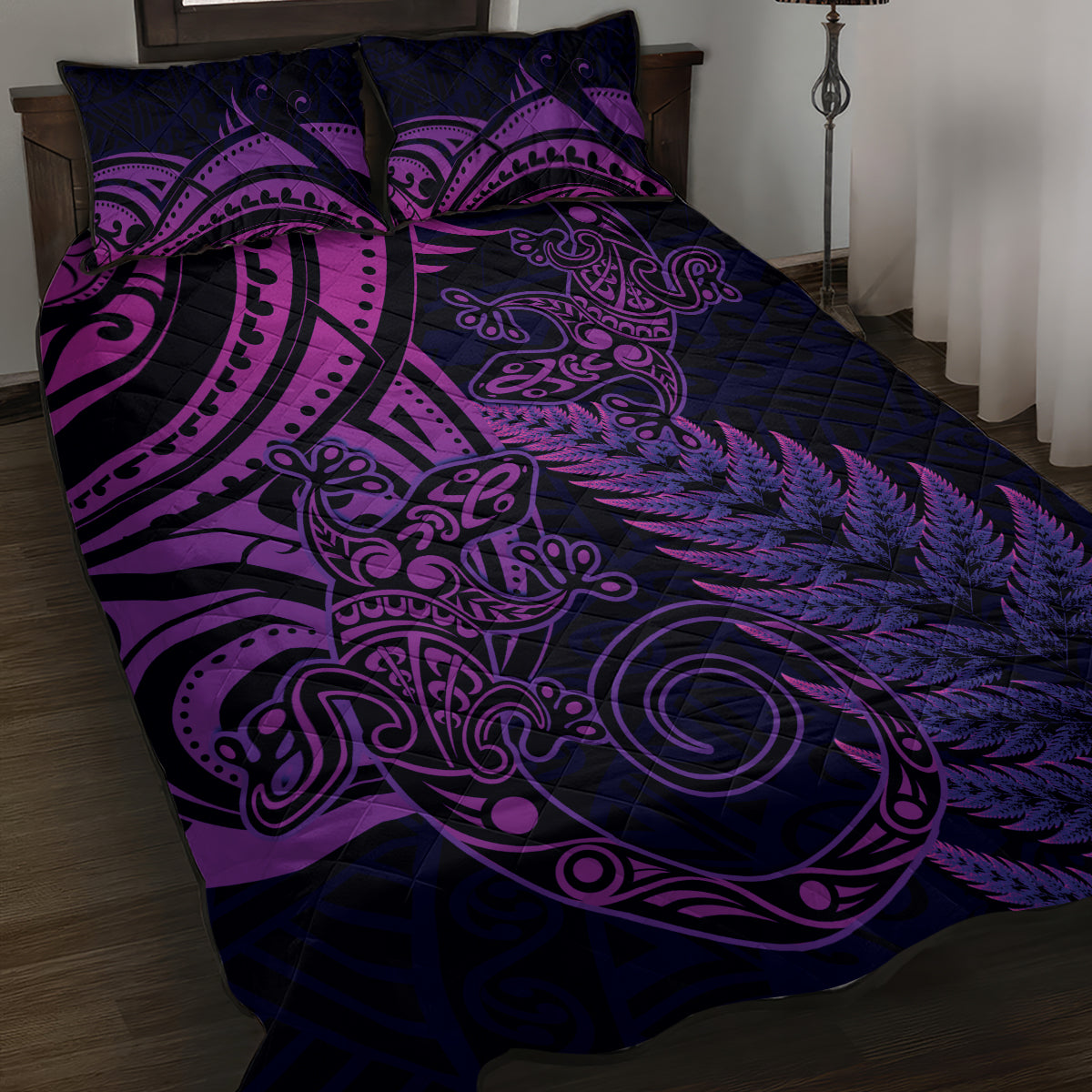 New Zealand Lizard Quilt Bed Set Silver Fern Aotearoa Maori Purple Version LT14 Purple - Polynesian Pride