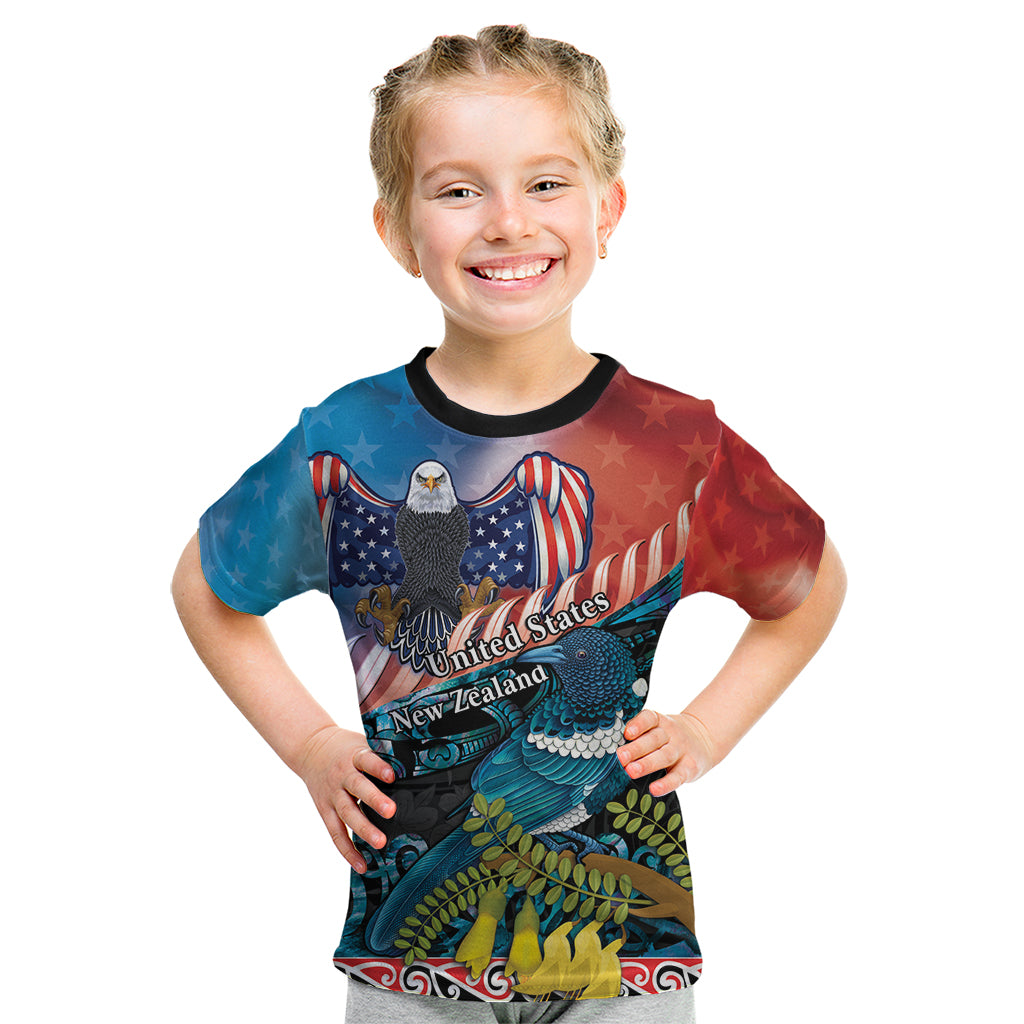 Personalised United States And New Zealand Kid T Shirt USA Eagle With Kowhai Aotearoa Tui Bird