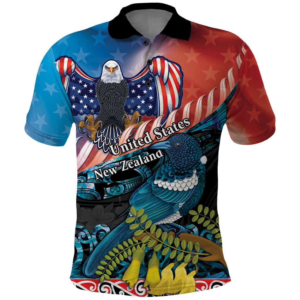 Personalised United States And New Zealand Polo Shirt USA Eagle With Kowhai Aotearoa Tui Bird