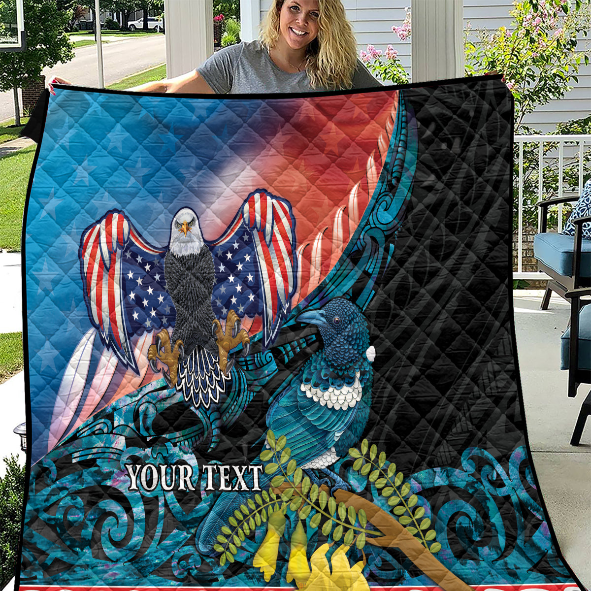 Personalised United States And New Zealand Quilt USA Eagle With Kowhai Aotearoa Tui Bird