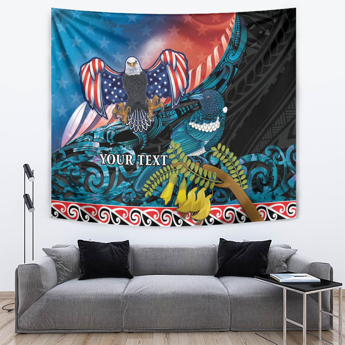 Personalised United States And New Zealand Tapestry USA Eagle With Kowhai Aotearoa Tui Bird LT14 Blue - Polynesian Pride