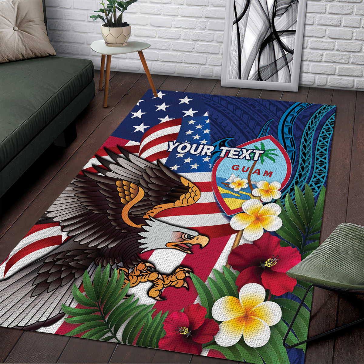 Personalised United States And Guam Area Rug USA Eagle With Guahan Seal Tropical Vibes LT14 Blue - Polynesian Pride